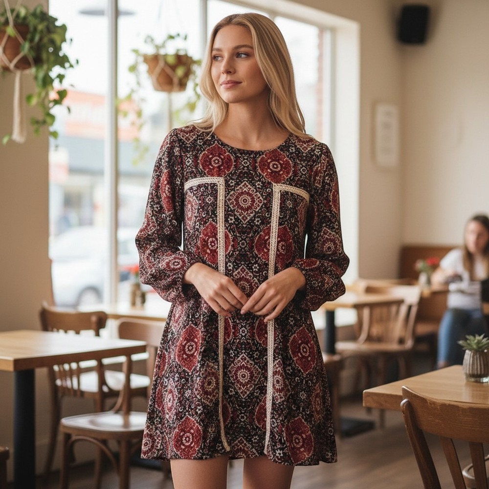 Miami Womens Red Black Medallion Paisley Crochet Trim Long Sleeve Shift Dress M